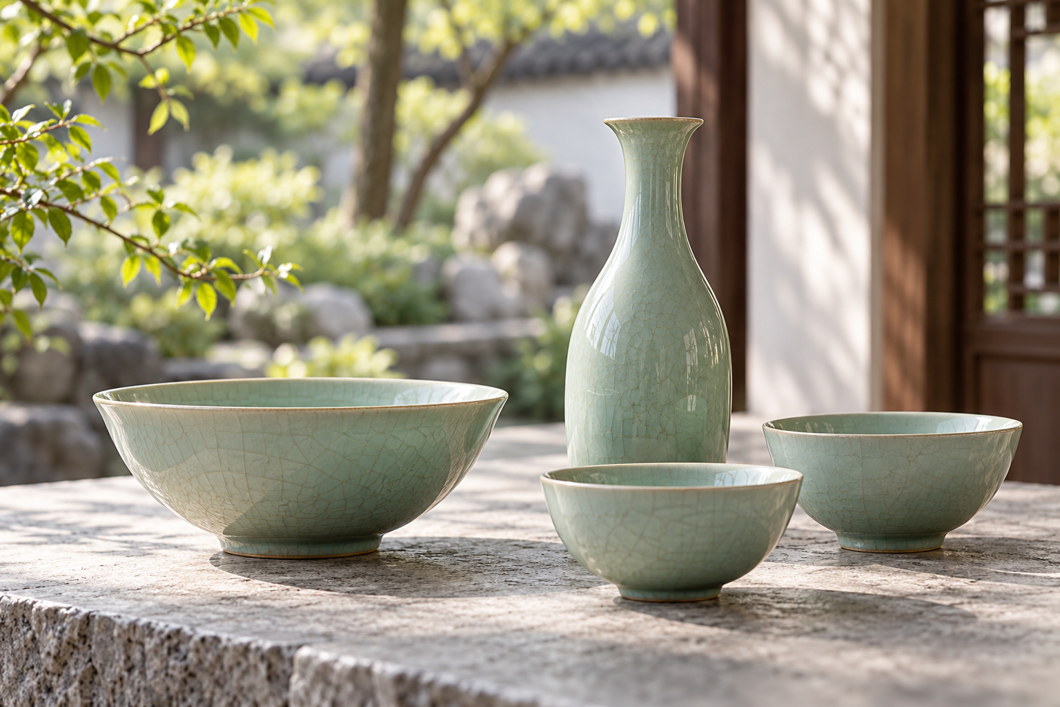 AI-generated celadon still life; not actual museum artifacts