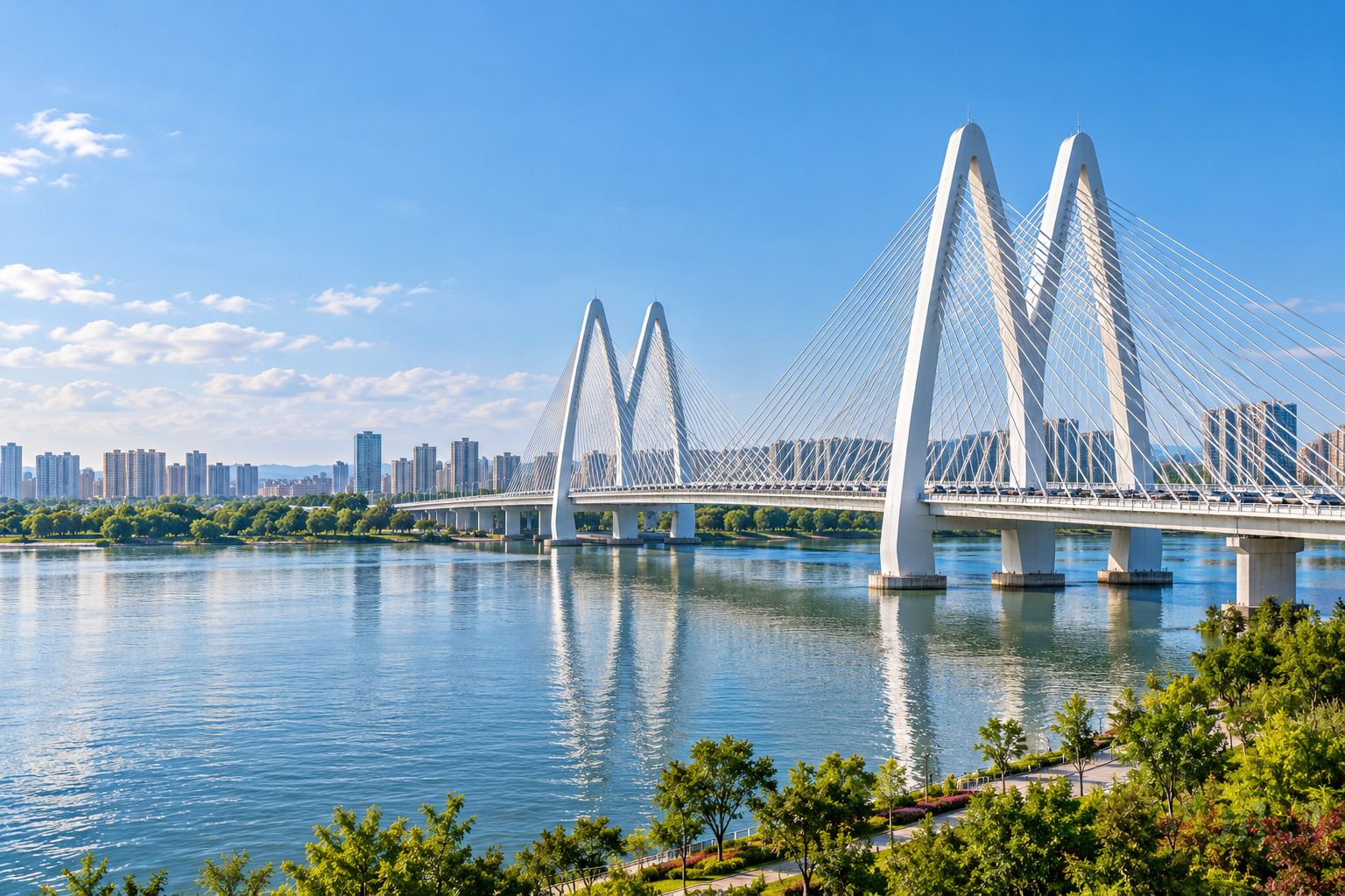 AI-generated interpretation of Suining Sixth Fujiang Bridge with M-shaped towers; not a real photograph